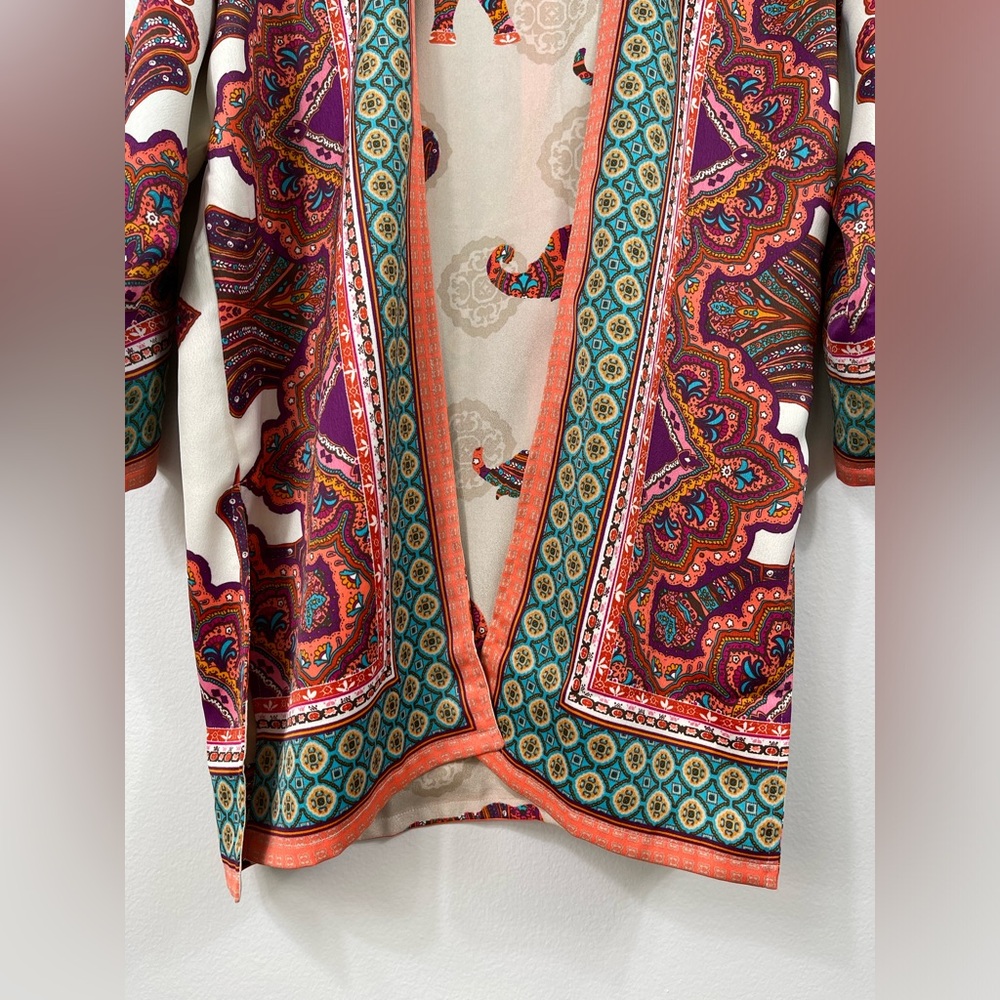Chico’s Reversible Jacket Open-Front Medallion Elephant Print Kimono Size S/M? - Picture 13 of 16
